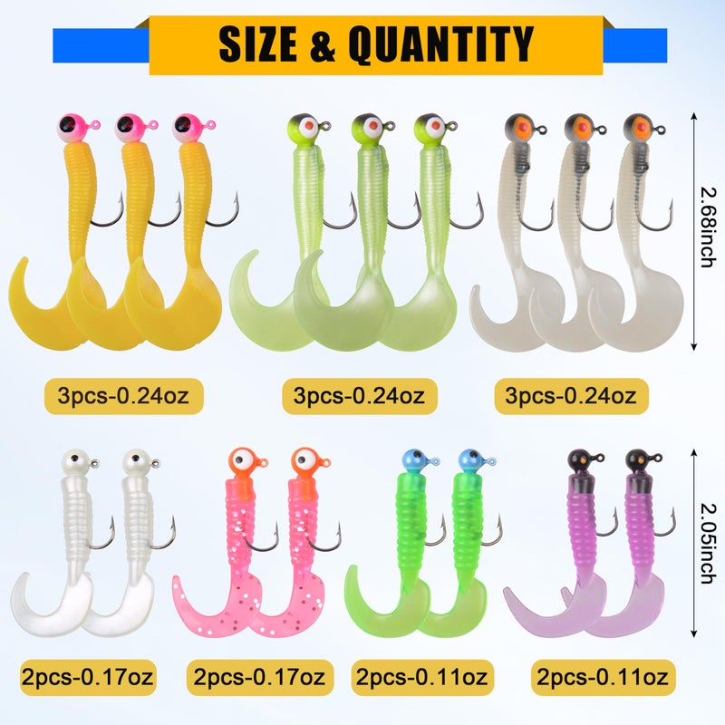 SILANON Grub Lures Fishing Jigs Head Hooks Kit- Soft Plastic Grub Tail Worm Lure Bait Crappie Jigs Buster Tubes Baits for Bass Trout Saltwater Freshwater Fishing 17pcs - Image 3